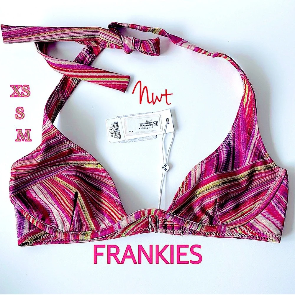 NWT FRANKIES shimmy pink gold red high leg underwire bandeau + cheeky bottoms S